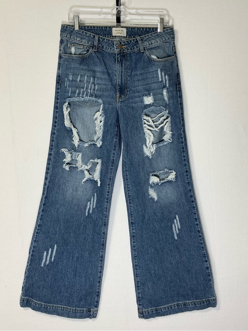 UNIQ by Litz Women’s 29/9 Distressed Wide Leg Jeans Blue Ripped Denim